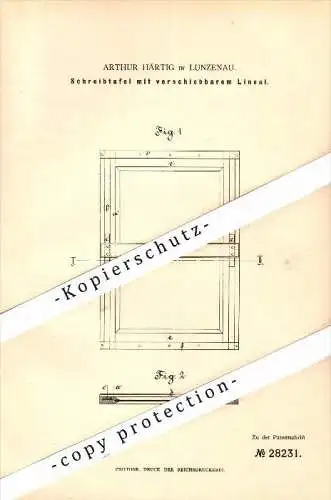 Original Patent - Arthur Härtig in Lunzenau , 1884 , Schreibtafel mit Lineal , Schule , Tafel , Unterricht !!!