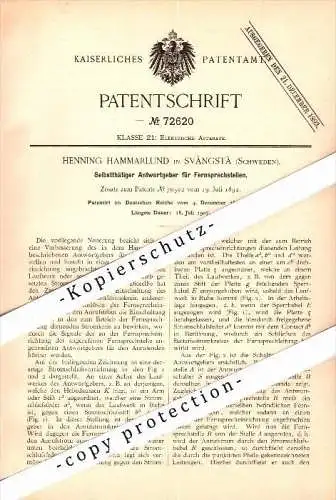 Original Patent - Henning Hammarlund in Svängsta , Schweden , 1892 , Apparat für Fernsprechstellen !!!