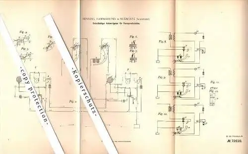 Original Patent - Henning Hammarlund in Svängsta , Schweden , 1892 , Apparat für Fernsprechstellen !!!