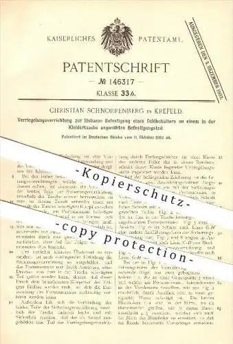 original Patent - Christian Schnorrenberg in Krefeld , 1902 , Befestigung eines Geldbehälters in Kleidung , Mode !!!