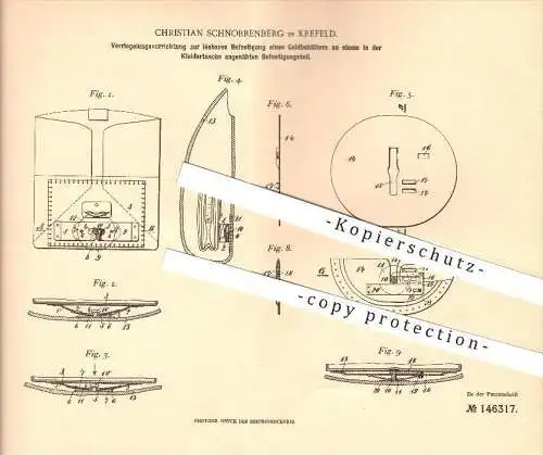 original Patent - Christian Schnorrenberg in Krefeld , 1902 , Befestigung eines Geldbehälters in Kleidung , Mode !!!