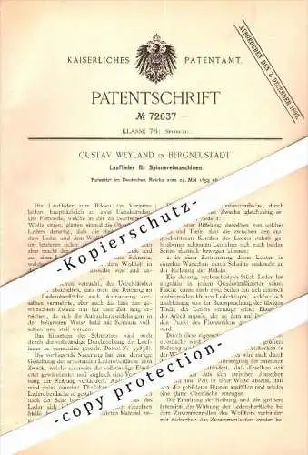 Original Patent - Gustav Weyland in Bergneustadt , 1893 , Laufleder für Spinnereimaschinen , Spinnerei !!!