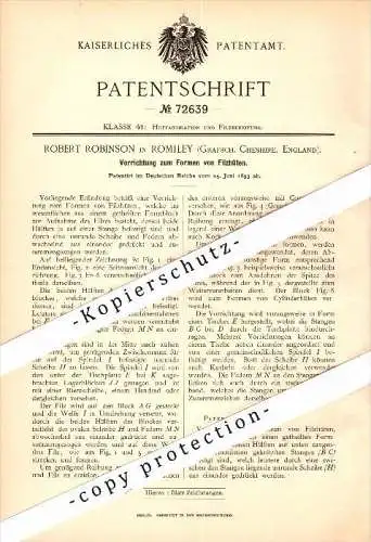 Original Patent - Robert Robinson in Romiley , Cheshire , 1893 , Apparatus for shaping of felt hats , Stockport !!!