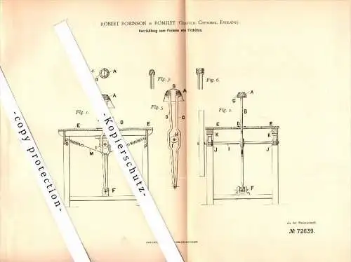 Original Patent - Robert Robinson in Romiley , Cheshire , 1893 , Apparatus for shaping of felt hats , Stockport !!!