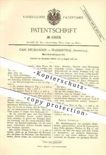 original Patent - Carl Neubronner in Frankenthal , 1887 , Malzkeimapparat , Malz , Bier , Brauerei , Keimen , Brauen !!!