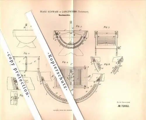 Original Patent - Franz Schwabe in Langewiesen , Thüringen , 1892 , Waschmaschine , Wäscherei !!!