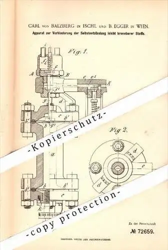 Original Patent - Carl von Balzberg in Bad Ischl und B. Egger in Wien , 1893, Apparat gegen Selbstentzündung , Feuerwehr