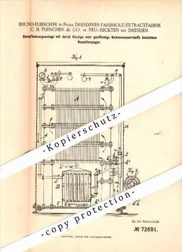 Original Patent - Bruno Fleischer & Co. in Neu-Mickten b. Dresden , 1893 , Dampfheizungsanlage , Heizungsbau !!!