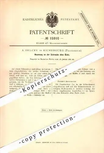 Original Patent - A. Delcey à Richebourg , 1881 , Vis sans fin !!!