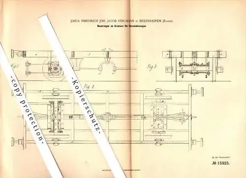 Original Patent - Josua F. Heilmann à Reichshoffen , Elsass , 1881 , Freinage pour voie ferrée , Rishoffe !!!