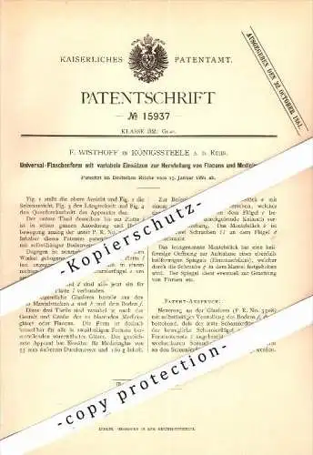 Original Patent - F. Wisthoff in Königssteele b. Essen , 1881 , Herstellung von Flacons und Medizinflaschen , Flaschen !