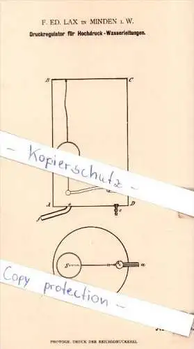 Original Patent - F. Ed. Lax in Minden i. W. , 1880 , Druckregulator für Hochdruck-Wasserleitungen !!!