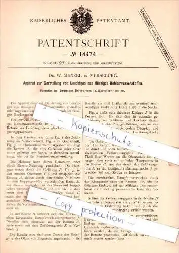 Original Patent - Dr. W. Menzel in Merseburg , 1880 , Apparat zur Darstellung von Leuchtgas !!!