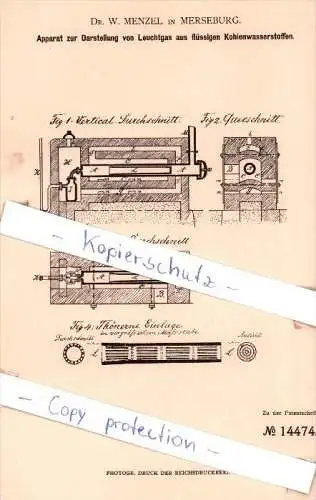 Original Patent - Dr. W. Menzel in Merseburg , 1880 , Apparat zur Darstellung von Leuchtgas !!!