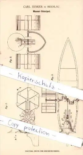 Original Patent - Carl Zenker in Breslau , 1880 , Wasser-Velociped , Fahrrad , bicycle , Boot !!!