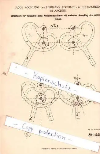 Original Patent - J. und H. Röchling in Kohlscheidt bei Aachen , 1881 , Schaltwerk für Hubzähler !!!