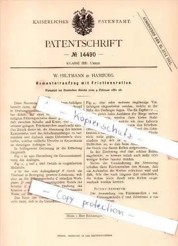 Original Patent - W. Hiltmann in Hamburg , 1881 , Remontoiraufzug mit Frictionsrollen !!!