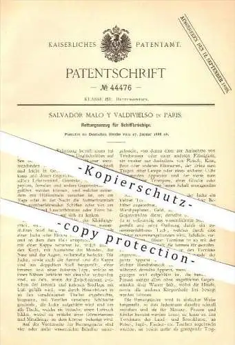 original Patent - Salvador Malo y Valdivielso in Paris , 1888 , Costume de sauvetage pour naufragés , détresse !!!