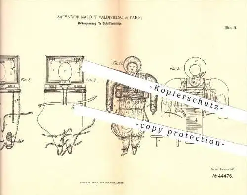 original Patent - Salvador Malo y Valdivielso in Paris , 1888 , Costume de sauvetage pour naufragés , détresse !!!