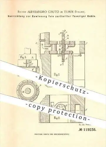 original Patent - Ritter Alessandro Cruto in Turin , Italien , 1899 , Gewinnung von Kohle , Kohlen , Ofen !!!