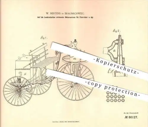 original Patent - W. Mertens in Braunschweig , 1895 , Motorantrieb für Fahrräder , Fahrrad , Motor , Fahrzeugbau !!!