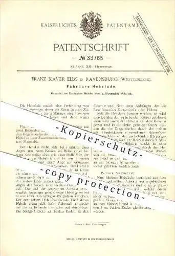 original Patent - Franz Xaver Elbs in Ravensburg , 1884 , Fahrbare Hebelade , Hebezeug , Hebel , Heben !!