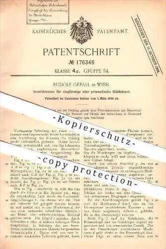 original Patent - Rudolf Gefäll in Wien , Invertbrenner , Brenner , Glühkörper , Glühlampe , Lampe , Licht !!!