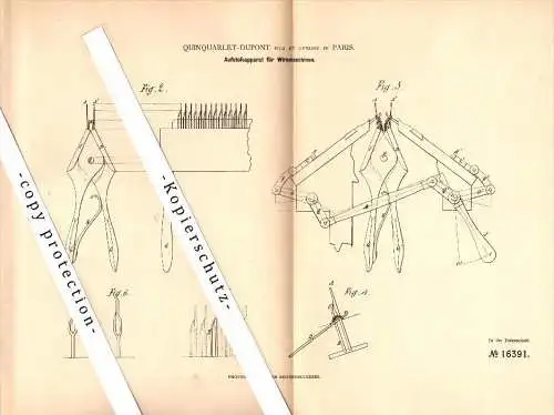 Original Patent - Quinquarlet-Dupont fils et Gendre in Paris , 1881 , Dispositif pour machine à tricoter !!!