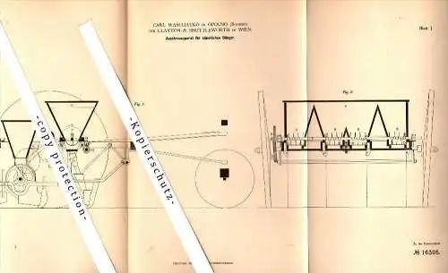 Original Patent - C. Waschatko in Opocno und Clayton & Shuttleworth in Wien , 1881 ,Apparat für Dünger !!!