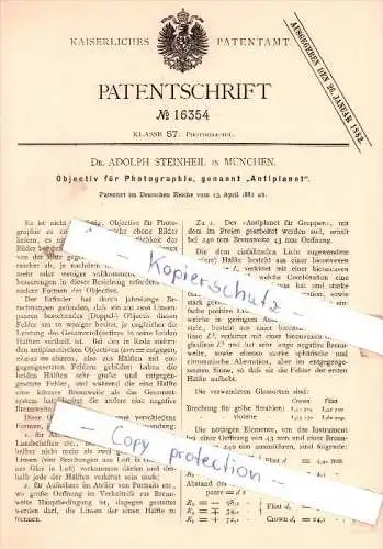 Original Patent - Dr. Adolph Steinheil in München , 1881 , Objektiv für Photographie !!!