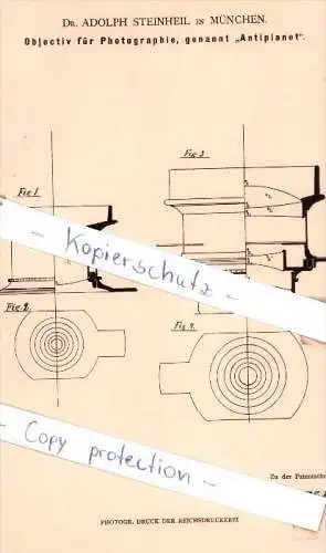 Original Patent - Dr. Adolph Steinheil in München , 1881 , Objektiv für Photographie !!!