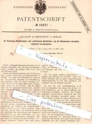 Original Patent - Quaadt & Hirschson in Berlin , 1880 , Beleucchtungsgegenstände !!!