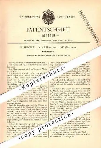 Original Patent - H. Heckel in Naila b. Hof , 1880 , Maischapparat , Brauerei , Bier , Alkohol !!!