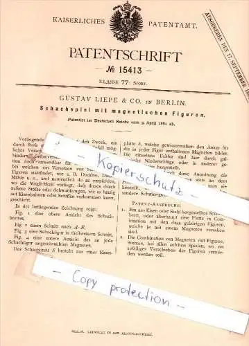 Original Patent - Gustav Liepe & Co. in Berlin , 1881 , Schachspiel mit Figuren , Schach !!!