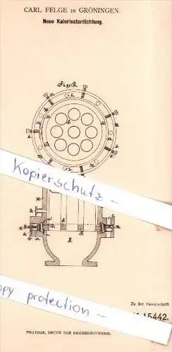 Original Patent - Carl Felge in Gröningen , 1881 , Neue Kalorisatordichtung !!!