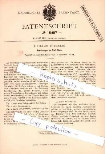 Original Patent - J. Thamm in Berlin , 1880 , Neuerungen an Stelzfüßen !!!