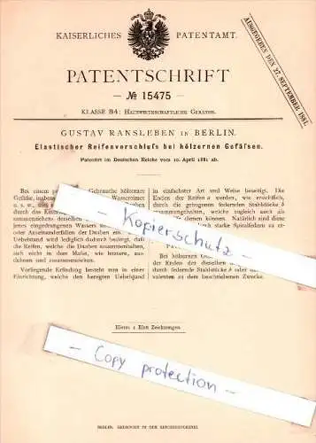 Original Patent - Gustav Ransleben in Berlin , 1881 , Reifenverschluß bei hölzernen Gefäßen !!!