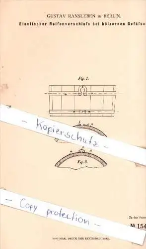 Original Patent - Gustav Ransleben in Berlin , 1881 , Reifenverschluß bei hölzernen Gefäßen !!!