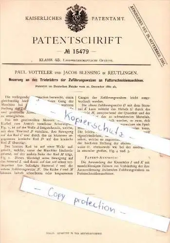 Original Patent -  P. Votteler und J. Blessing in Reutlingen , 1880 , Futterschneidemaschinen !!!