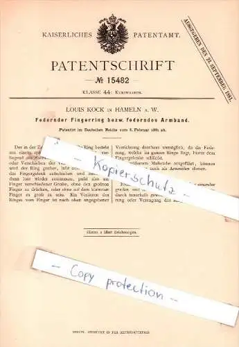 Original Patent - L. Kock in Hameln a. W. , 1881 , Federnder Fingerring bezw. federndes Armband !!!