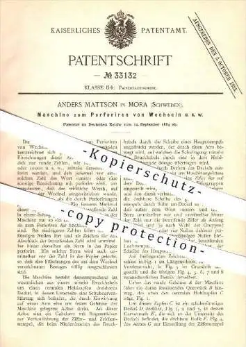 original Patent - Anders Mattson in Mora , Schweden , 1884 , Perforieren von Wechseln , Perforation , Papier , Druckerei