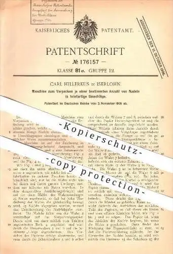 original Patent - Carl Hillerkus in Iserlohn , 1905 , Verpacken von Nadeln , Nadel , Handarbeit , Verpackung !!!