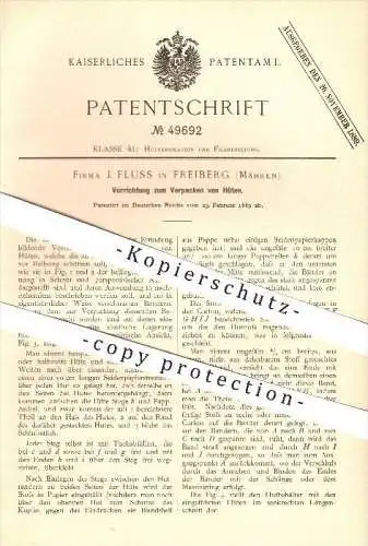 original Patent - J. Fluss in Freiberg / Pribor , Mähren , 1889 , Verpacken von Hüten , Hut , Hüte !!!