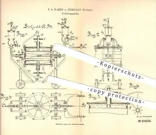 original Patent - F. A. Flader in Jöhstadt , 1891 , Flitrierapparat , Filtration , Filtrieren , Brauerei , Bier !!!