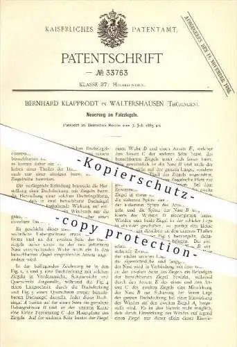 original Patent - Bernhard Klapprodt in Waltershausen , 1885 , Falzziegel , Dachziegel , Ziegel , Dach , Dachdecker !!!