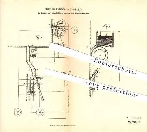 original Patent - Eduard Zander in Harburg , 1886 , Ausgabe von Postwertzeichen , Briefmarken , Briefmarke , Post !!!