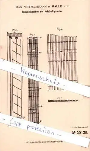 Original Patent - Max Nietzschmann in Halle a. S. , 1882 , Jalousiestäbchen aus Holzdrahrgewebe !!!