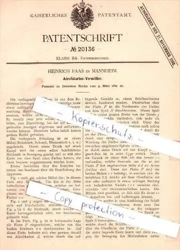 Original Patent - Heinrich Faas in Mannheim , 1882 , Adreßkarten-Vermittler !!!