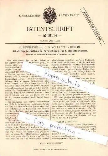 Original Patent - H. Bernstein und C. F. Kollrepp in Berlin , 1881 , Tabak !!!