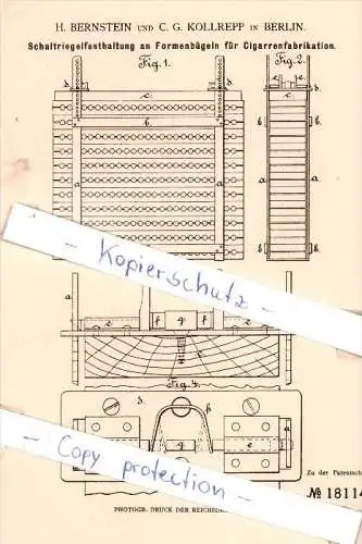 Original Patent - H. Bernstein und C. F. Kollrepp in Berlin , 1881 , Tabak !!!